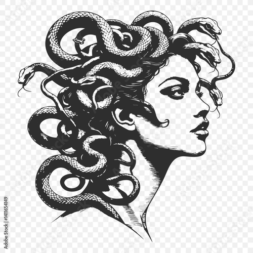 A detailed black and white depiction of a Woman with a snake on her head, ideal for mythology themes, tattoo designs, and dark fantasy concept projects. vintage artistic style sketch engraving 