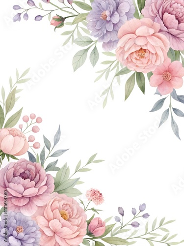 wedding invitation template, Soft pastel peonies in watercolor style framing top-left and bottom-right corners, creamy white background, large copy space in center for customizable text