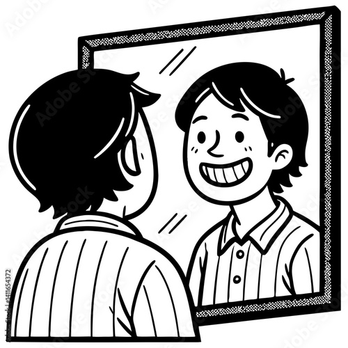 Cheerful Character Smiling at Reflection in Mirror Vector Illustration for Positive Art Projects
