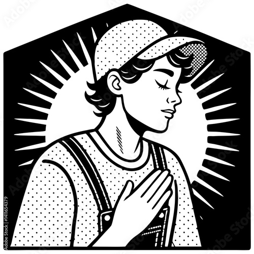 Grateful Young Person with Hand Over Heart in Vintage Style Black and White Illustration