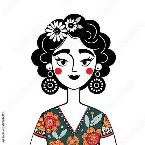 Colorful Floral Woman Portrait with Curly Hair and Vibrant Traditional Dress Design