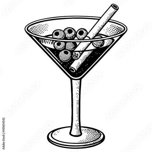 Elegant Martini Glass with Olives and Stirring Stick Vintage Illustration for Cocktail Design