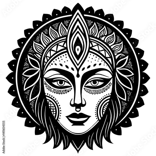 Intricate Black and White Mandala Face Design for Tattoo Art and Coloring Pages