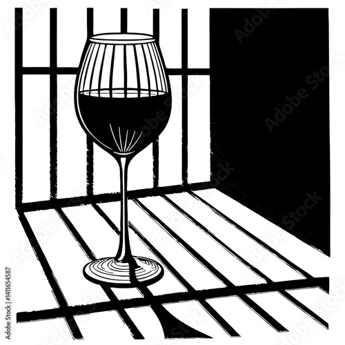 Wine Glass Behind Bars Artistic Design for Tattoo Inspiration and Coloring Activities