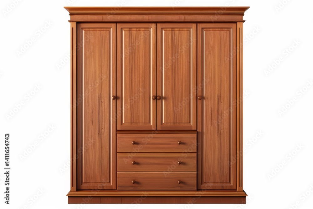 Elegant wooden wardrobe with intricate detailing and spacious storage perfect for a cozy bedroom setting isolated on transparent background Elegant wooden wardrobe with intricate detailing and spacious storage perfect for a cozy bedroom setting isolated on transparent background
