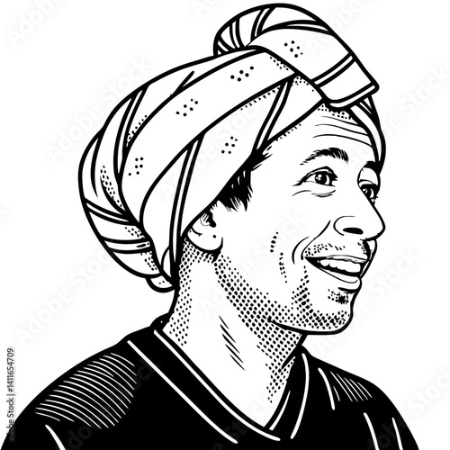 Cheerful Man with Turban Smiling in Profile Vector Illustration for Cultural Designs