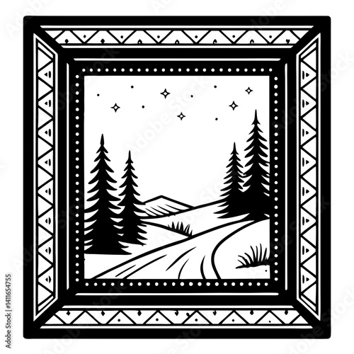 Scenic Forest Landscape Framed Nature Illustration for Tattoo Design and Coloring Pages
