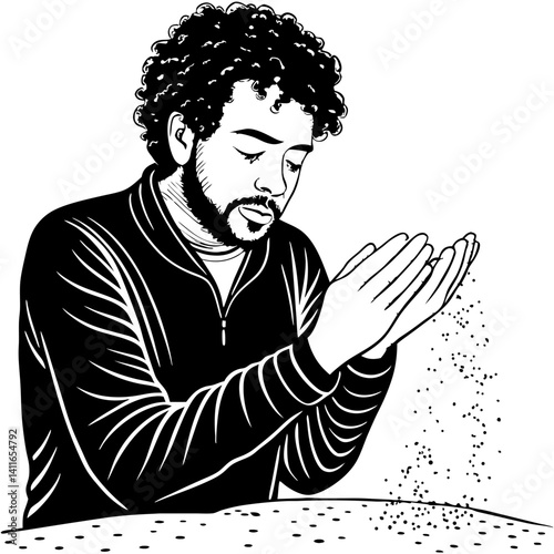 Thoughtful Man Silently Sifting Sand with Open Hands Capturing Reflection and Mindfulness