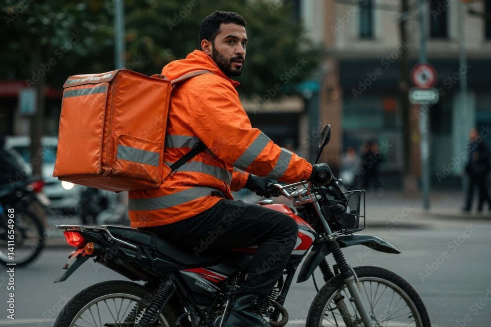 A Delivery biker looking over their shoulder.