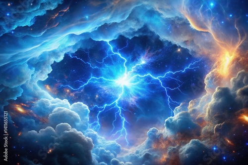 Blue nebula background in deep space with glowing star and cosmic clouds