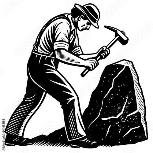 Vintage Miner Silhouette with Hammer and Rock for Industrial Art Prints and Tattoo Designs