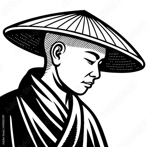 Asian Farmer Profile Silhouette with Straw Hat Traditional Style Vector Art