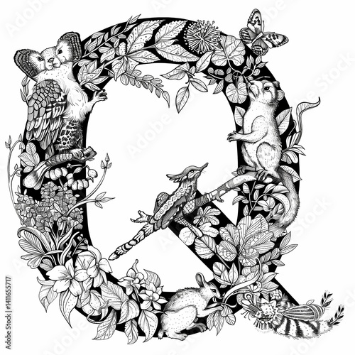 capital letter Q decorated with animals and plants, whimsical black and white line art, children alphabet coloring page