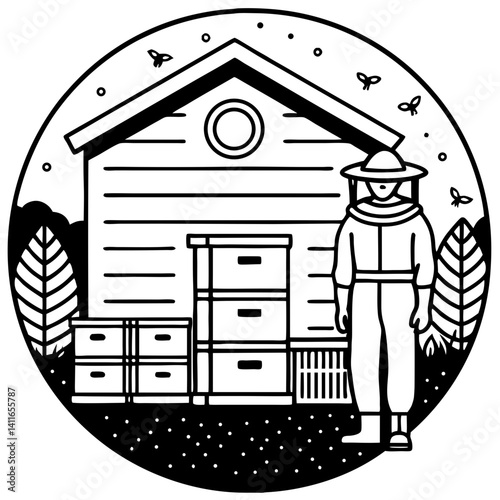 Bee Keeper with Hive and Nature Elements in a Circular Design for Coloring and Decor