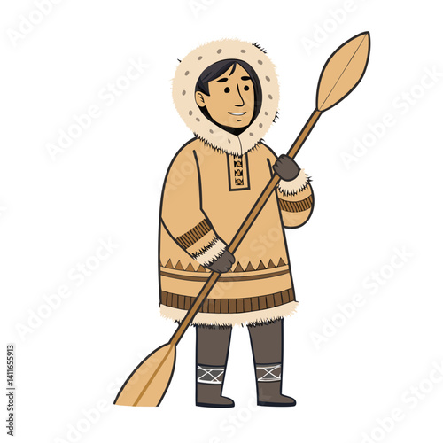 Inuit Man in Traditional Clothing Holding Kayak Paddle Vector Illustration