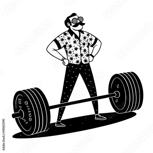 Funny Strongman Lifting Barbell Vector Illustration with Stylish Floral Shirt in Retro Design