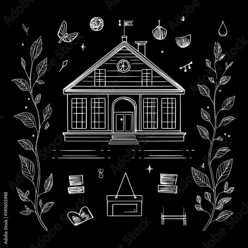 School blueprint line art, School vector image