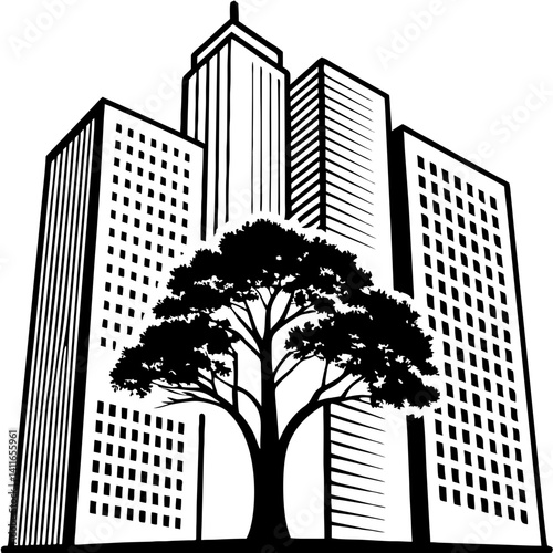 Urban Nature Fusion Sketch Large Tree Surrounded by Skyscrapers Ideal for Eco-Friendly Designs
