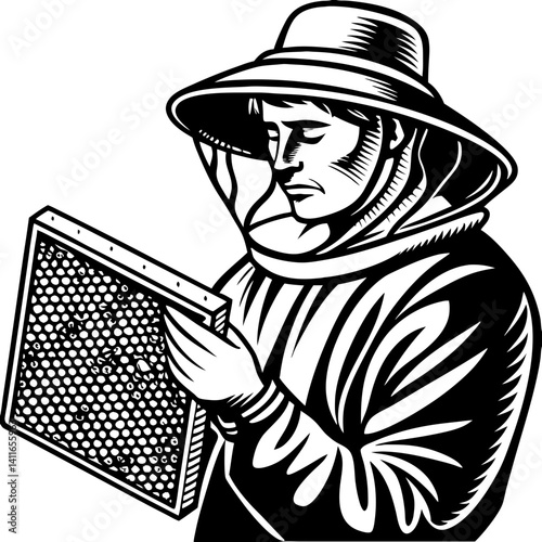 Bee Keeper Inspecting Honeycomb Frame Vector Illustration for Educational and Decorative Use