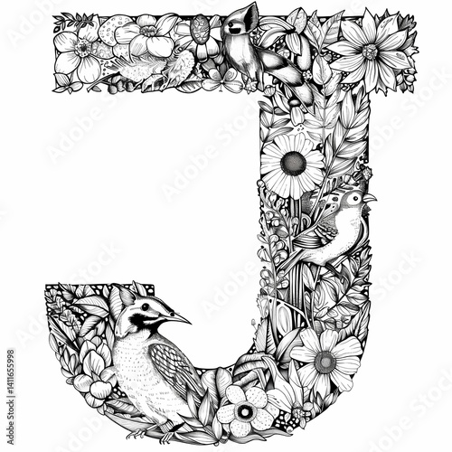 capital letter J decorated with animals and plants, whimsical black and white line art, children alphabet coloring page