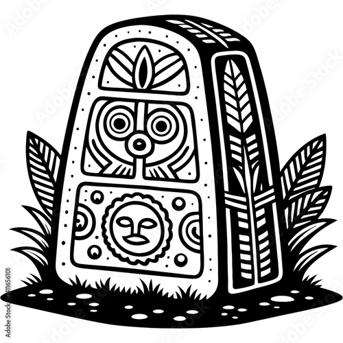 Intricate Tribal Stone Monument with Symbolic Patterns Surrounded by Lush Foliage
