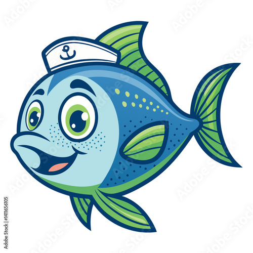 Cheerful cartoon fish character wearing sailor hat colorful marine mascot for nursery decor