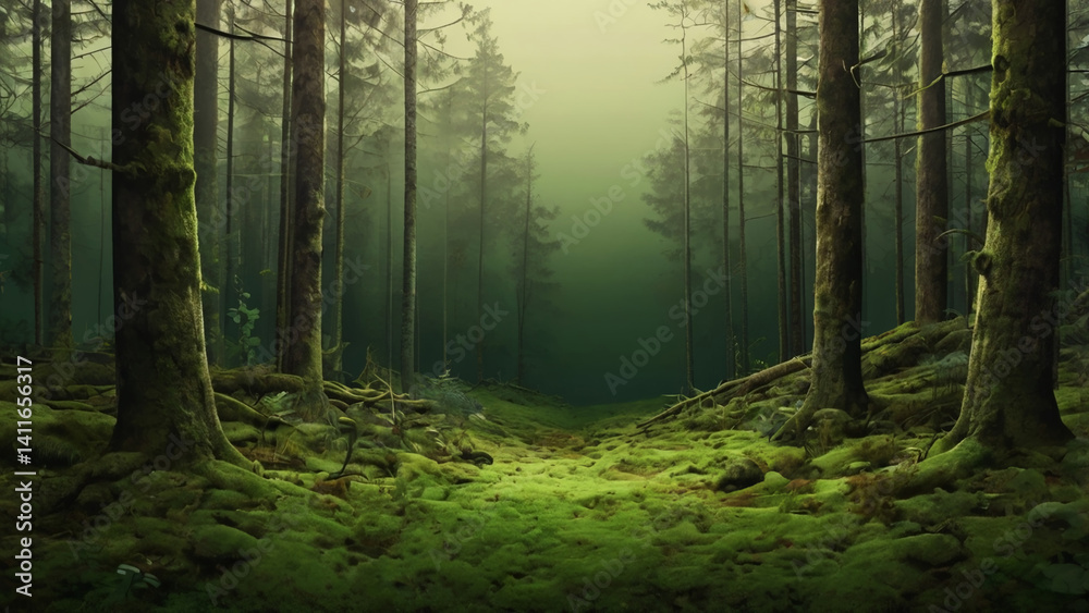 Fototapeta premium background image with coniferous forest, photo zone with green gradient AI generated