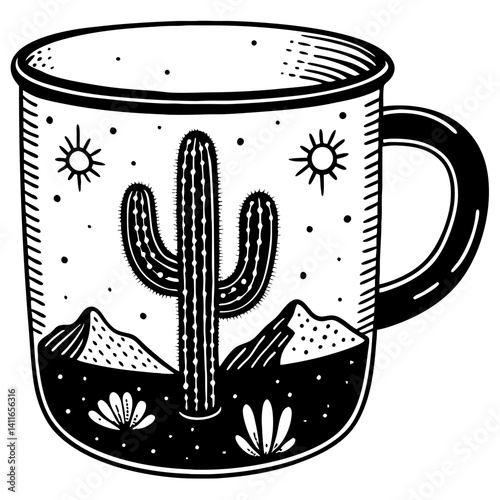 Cactus Desert Mug Design Featuring Mountains Sun and Flora for Tattoo and Coloring Book Inspiration