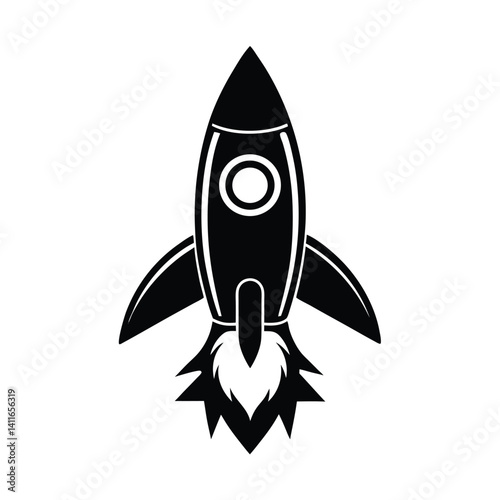 Simple black and white rocket launch graphic.