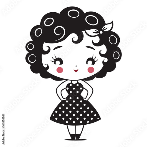 Charming Vintage Style Cartoon Woman with Curly Hair and Polka Dot Dress for Creative Projects