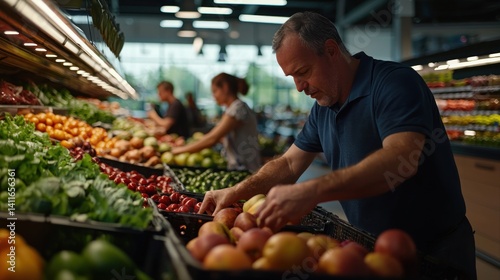 Grocery store worker arranging fresh produce