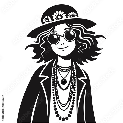 Chic Retro Girl in Hat with Sunglasses Bohemian Style Illustration for Fashion Design