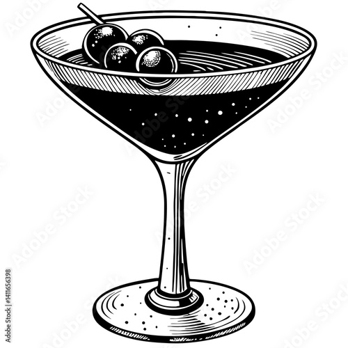 Classic Cocktail Glass with Three Olives and Black Liquid Perfect for Bar and Restaurant Decor