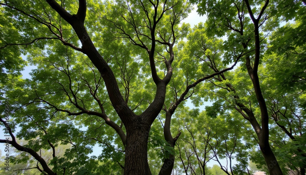 Fototapeta premium A dense canopy of interwoven branches and leaves, creating a shaded environment below