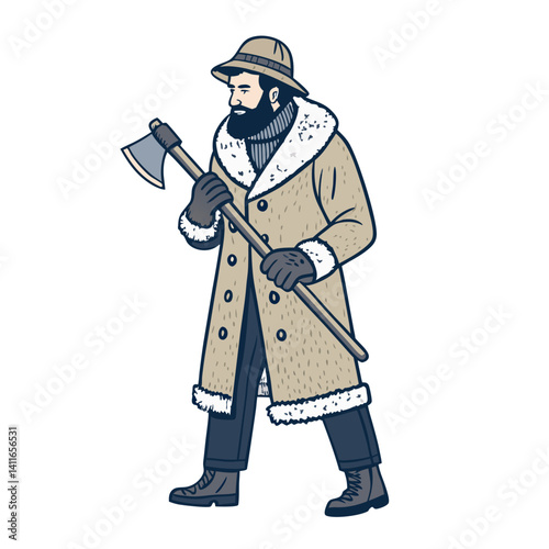 Bearded Lumberjack in Winter Coat Holding Axe Perfect for Logo Design and Apparel