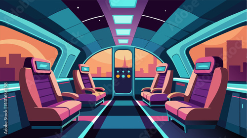 The interior of the air taxi is outfitted with plush leather seats and holographic screens creating a luxurious and otherworldly experience for passengers.. Vector illustration