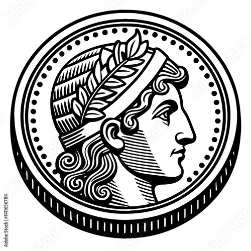 Ancient Roman Coin Design Featuring Detailed Profile of Laurel Crowned Emperor Head