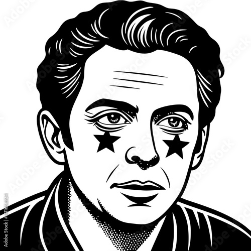 Vintage Male Portrait with Star Face Paint for Tattoo Designs and Graphic Art Projects