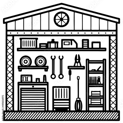 Detailed Vector Illustration of a Tool Shed Interior Featuring Shelves Tools and Storage Boxes