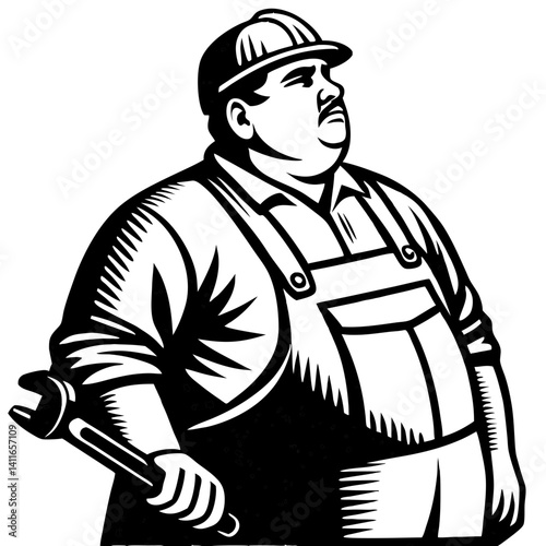 Muscular Male Mechanic Holding Wrench in Work Attire for Industrial and Tattoo Design