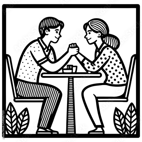 Couple Arm Wrestling Fun in a Cozy Café Engaging Activity for Friends and Lovers
