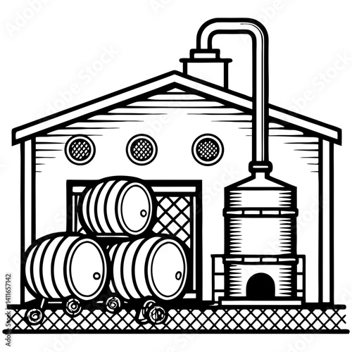 Rustic Distillery Building with Barrels and Copper Still for Illustrations and Coloring