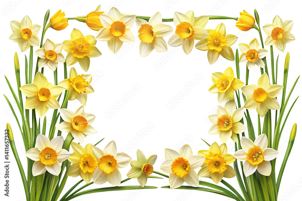 Fototapeta premium Beautiful daffodils frame a blank space perfect for spring announcements and notes