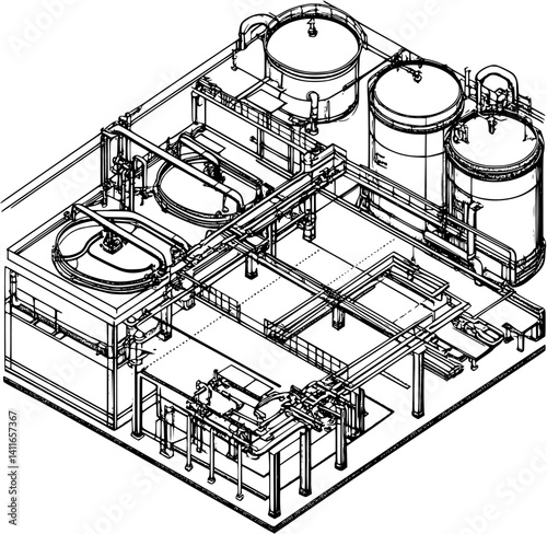 Aquaculture facility blueprint line art, Aquaculture facility vector illustration