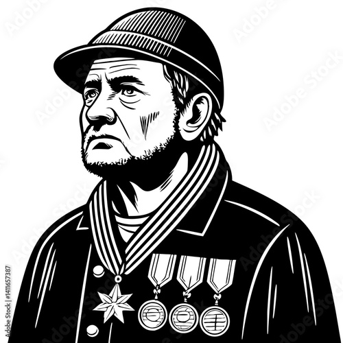 Veteran with Medals and Serious Expression Perfect for Tattoo Design and Graphic Art