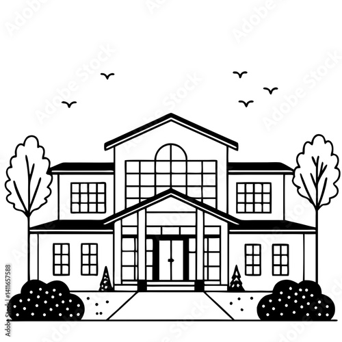 Elegant Modern House Illustration with Lush Trees and Birds Ideal for Coloring Books