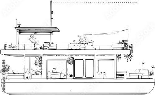 Floating home blueprint line art, Floating home vector illustration