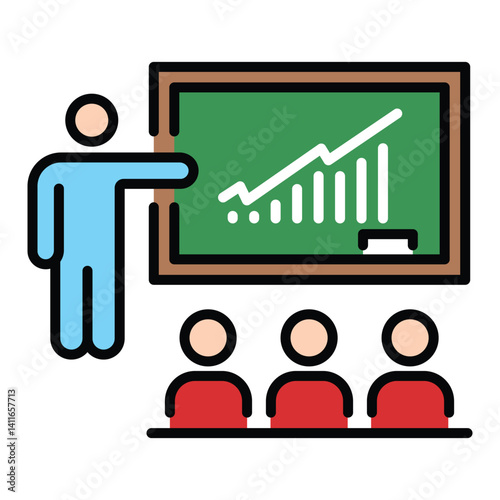 Teacher classroom color icon with editable stroke, featuring a teacher instructing a student with a chalkboard in a classroom setting