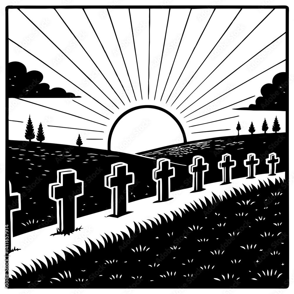 Obraz premium Sunrise Over Graveyard with Crosses Silhouette for Tattoo or Coloring Book Design