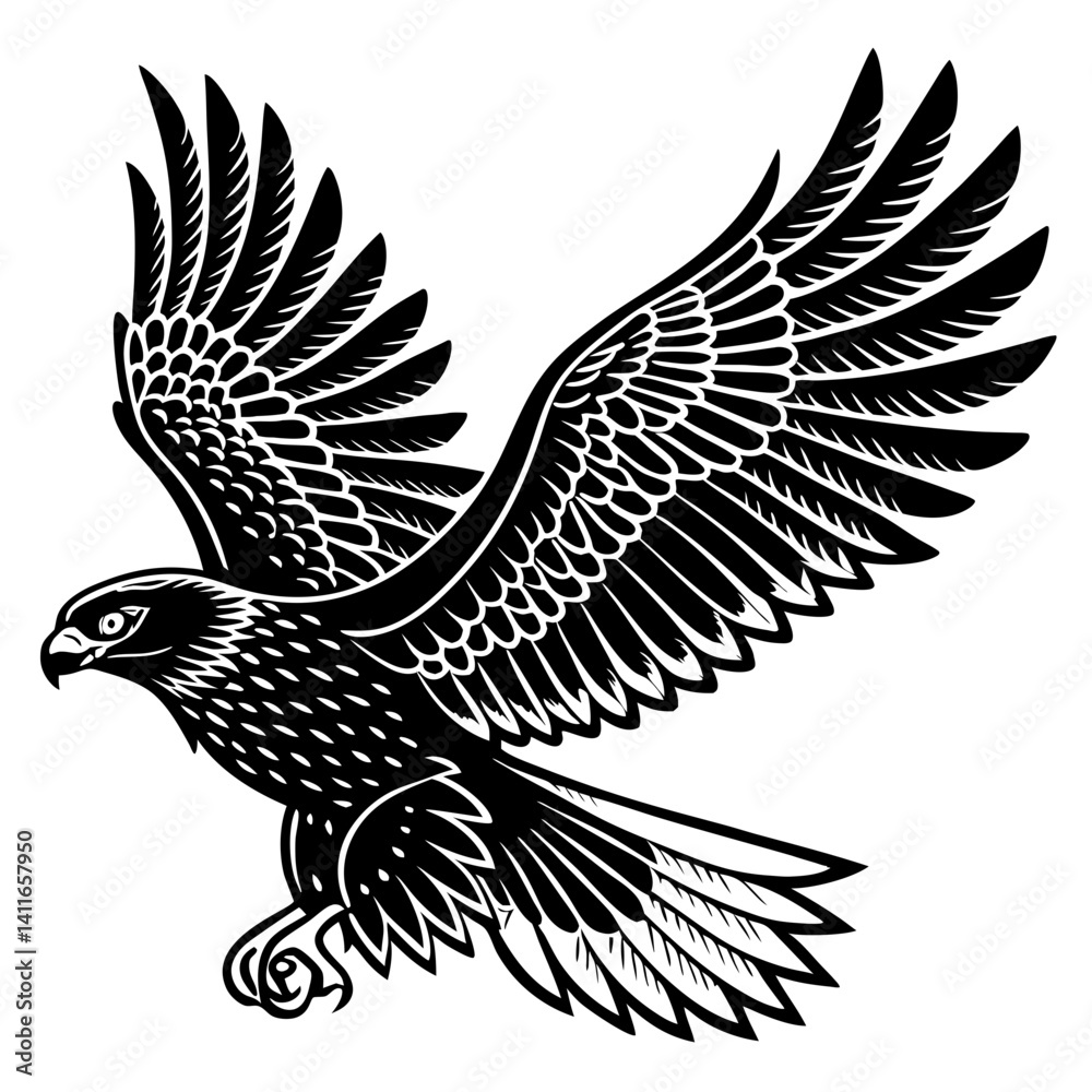 Obraz premium Majestic Flying Hawk Bold Line Art for Tattoo Design and Custom Illustrations